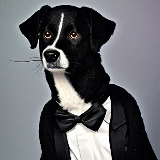 Image similar to 1 9 8 0 s yearbook photography of a dog dressed in a tuxedo