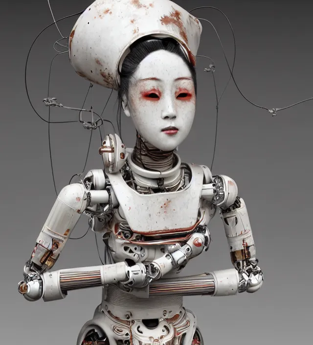 Image similar to portrait of a slightly rusty japanese robotic geisha with wires and actuators, porcelain white face, dramatic lighting, hyper - realistic, ultra - realistic, intricate details, 8 k ultra high definition, octane render