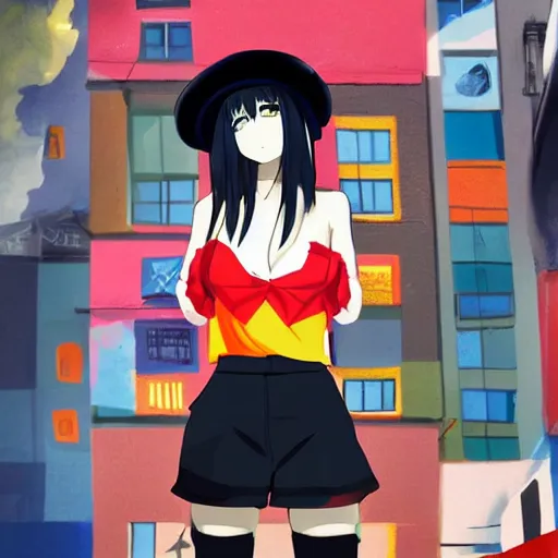 Prompt: Teenage girl, French girl, black beret, black beret with a red star, black shirt with red star, black leather shorts, rollerblading, rollerskates, city on a hillside, colorful buildings, anime, HD anime art