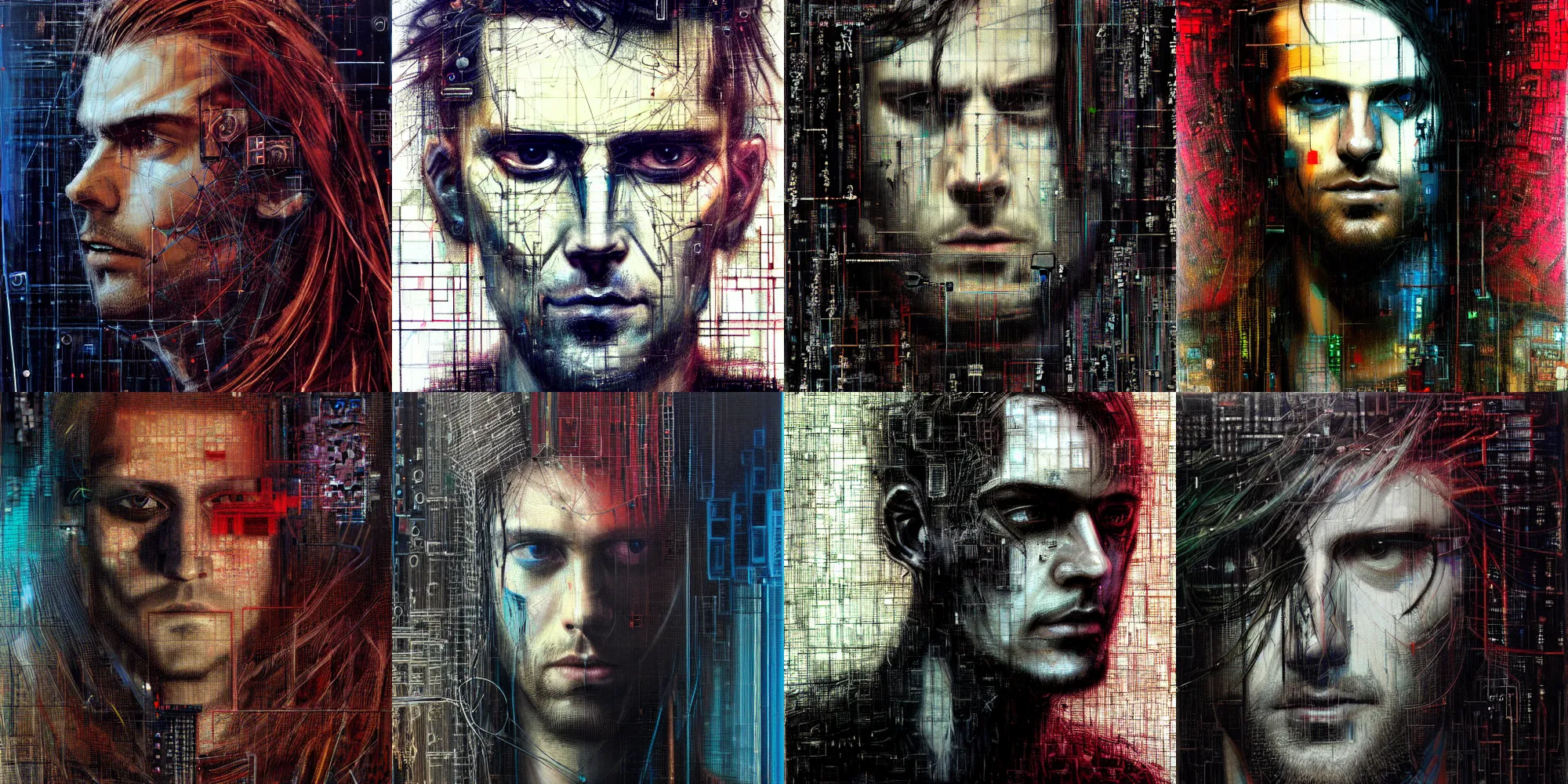 Prompt: hyperrealistic portrait of a cyberpunk man, long hair, by Guy Denning, Johannes Itten, Russ Mills, hacking effects, detailed lines, network, cybernetics, cables, computation, technological, color blocking!, digital, oil on canvas, insane detail, front view, symmetrical, octane, concept art, abstract, artistic, 8k, cinematic, trending on artstation