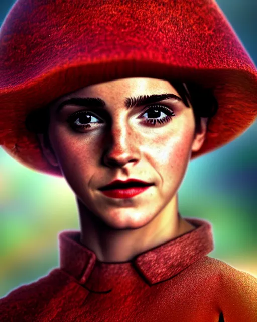 Image similar to highly detailed closeup, of emma watson, dressed in a red mushroom hat and clothes, full face view, on a battlefield, hyper realistic, psychedelic, illustration, digital paint, matte paint, vivid colors, detailed and intricate environment