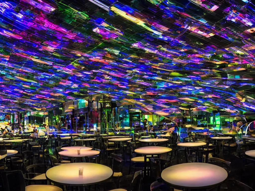 Prompt: visors with curved translucent screens playing detailed sci - fi art ( 2 0 4 2 ), pixel perfect photograph, high contrast, volumetric lighting, thin glowing lights, restaurant, chairs, users, pair of keys