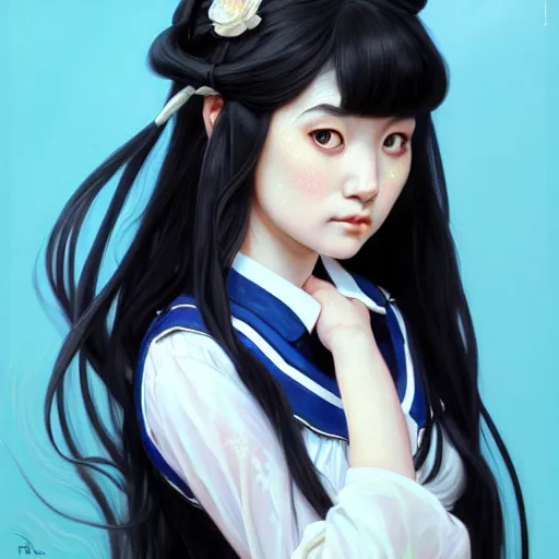 Prompt: Kotegawa Yui, Portrait of a girl with long black hair wearing a partial school uniform with a black skirt and blue top, face, fantasy, intricate, elegant, highly detailed, digital painting, artstation, concept art, smooth, sharp focus, illustration, art by Fernanda Suarez and Artem Demura and alphonse mucha
