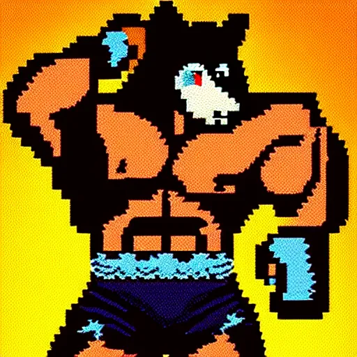 Image similar to extreme long shot. 8 bit nes graphics. antropomorphic muscular masculine wolf. kickboxer fighter in shorts. wolf head. art from nes game cartridge, unreal engine - h 7 6 8