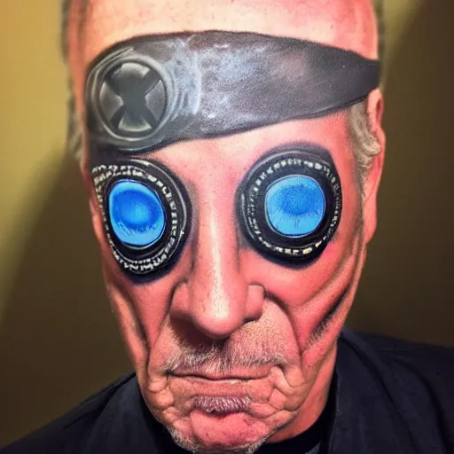 Image similar to old man with cyberarm and eyepatch, face tattoos, punk, grunge, rough, paint, scratchy, science fiction, cyberpunk, retrofuture, illustration