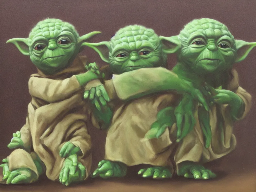 Image similar to old oil painting of yoda and cheburashka holding hands, trending on artstation