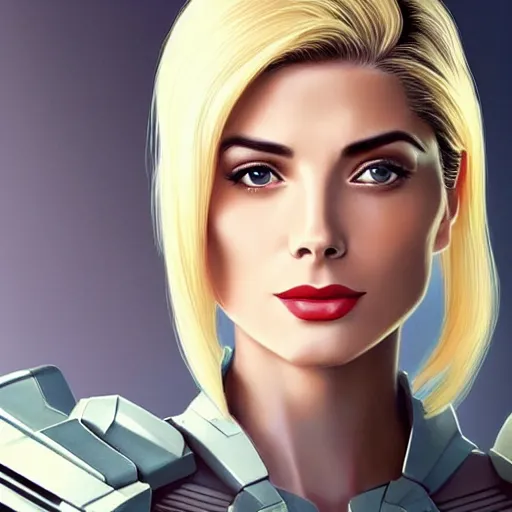 Image similar to A combination of Grace Kelly's and Ada Wong's and Ashley Greene's appearances with blonde hair wearing Forerunner armor from Halo, high tech, action shot, angular, full body portrait, futuristic, dramatic, fantasy, intricate, elegant, highly detailed, artstation, matte, sharp focus, 8K, art by Artgerm and Greg Rutkowski and Alphonse Mucha