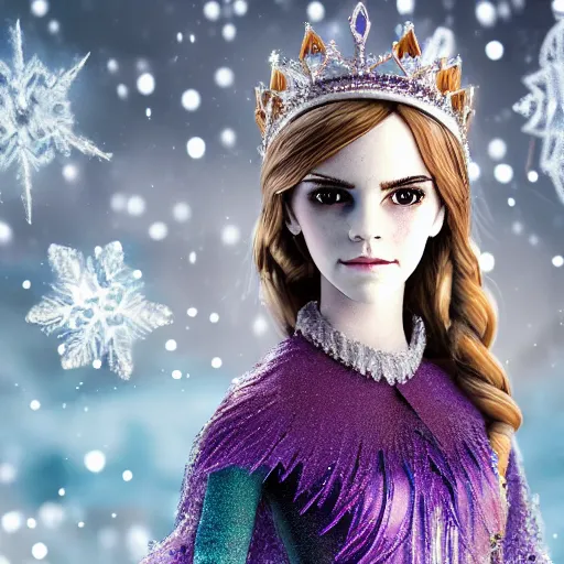 Prompt: Portrait shot, Emma Watson as the Queen of Ice, Ice crystal armor, snow falling, 4k, digital art, trending on art station, hd, doll, colorful backdrop, film grain, gritty, high res, high detail, 8k, render