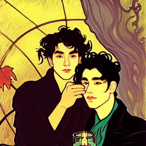 Image similar to painting of young cute handsome beautiful dark medium wavy hair man in his 2 0 s named shadow taehyung and cute handsome beautiful min - jun together at the halloween party, bubbling cauldron, candles, smoke, tarot, autumn colors, elegant, stylized, soft facial features, delicate facial features, art by alphonse mucha, vincent van gogh, egon schiele