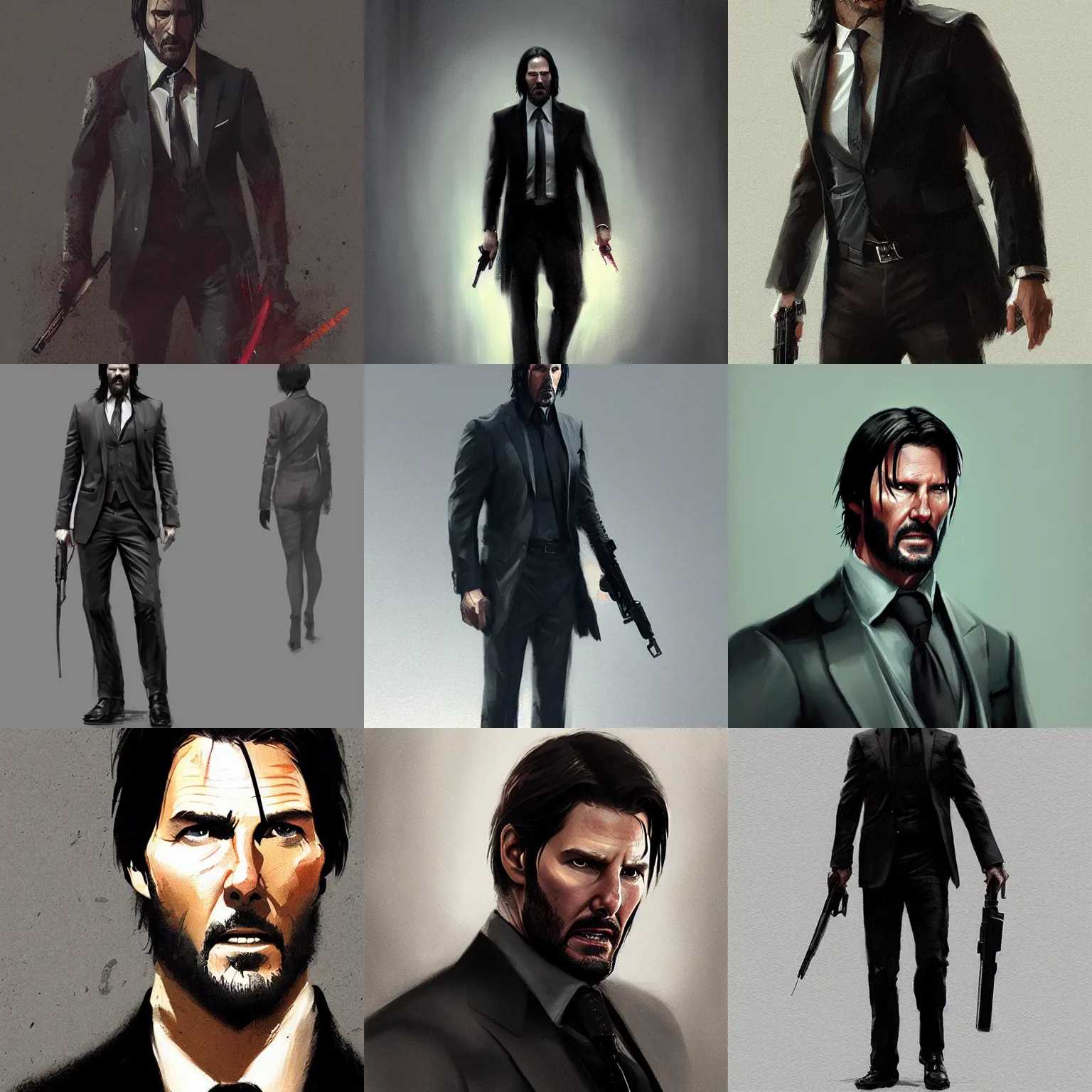 Prompt: full body portrait of tom cruise as john wick by greg rutkowski, highly detailed portrait, scifi, digital painting, artstation, concept art, smooth, sharp foccus ilustration, artstation hq