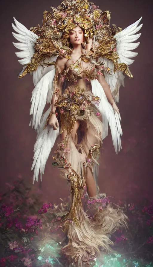 Prompt: expressive full body photo of sophia lauren as beautiful angel, smooth glowing skin, ornate headpiece made from flowers, ornaments, glamour shot, by karol bak, by stefan gesell, octane render, unreal engine, photorealistic, canon r 3, fashion photography, studio shot