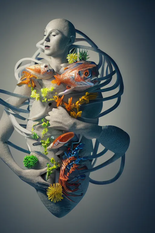 Prompt: a sculpture of fish ocean intertwined, diode lighting, a lovely cornucopia of flowers and human body parts, body parts, heart shaped, highly detailed, octane render, cinematic, shock, sharp focus, ball, an independent psycho, clean, studio lighting