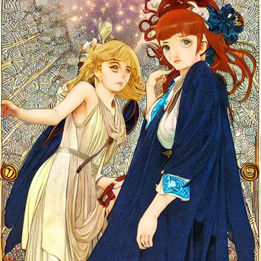 Prompt: two beautiful girls watching fireworks, digital art, by range murata, akiyuki shinbou, alphonse mucha, masamune shirow, josan gonzales, highly detailed, realistic, cinematic