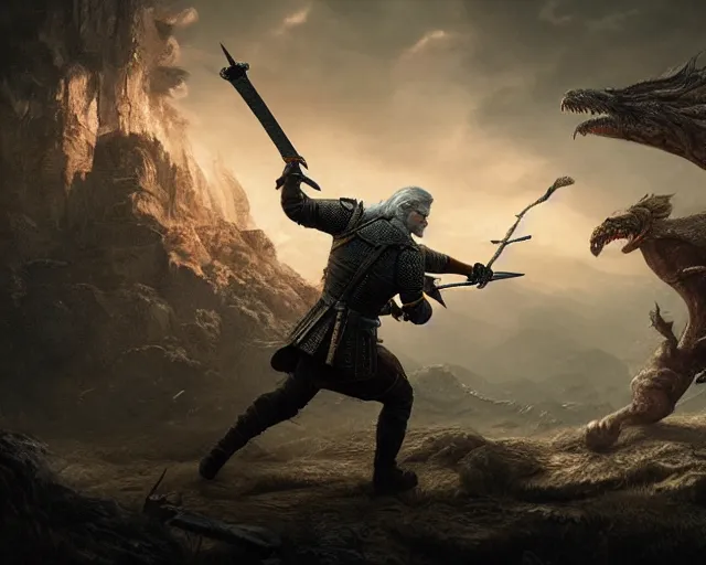 Image similar to 5 5 mm portrait photo of geralt fighting a hydra. magical atmosphere. art by greg rutkowski. highly detailed 8 k. intricate. lifelike. soft light. nikon d 8 5 0.