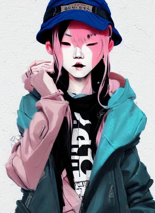 Image similar to highly detailed portrait of a korean sewer punk lady student, blue eyes, burberry hoody, hat, white hair by atey ghailan, by greg tocchini, by kaethe butcher, gradient pink, black, brown, cream and light blue color scheme, grunge aesthetic!!! ( ( graffiti tag wall, plain white background ) )