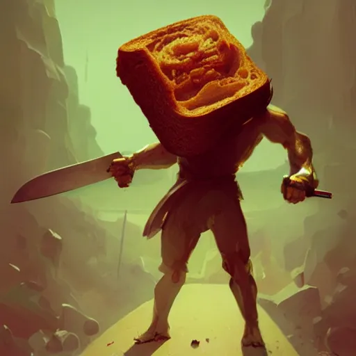 Image similar to battle toast, a slice of toasted bread with a face, arms and legs, holding a sword, volumetric lighting, dynamic composition, fantasy, hyper detailed, ultra realistic, sharp focus, octane render, concept art by sachin teng and sergey kolesov and ruan jia and heng z