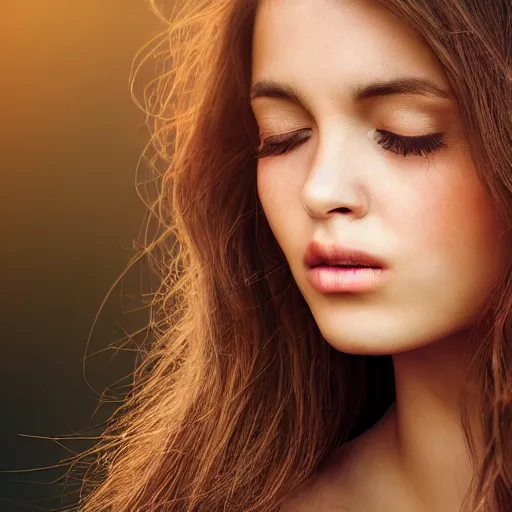 Prompt: a very beautiful still of a beautiful brown - haired woman with her head leaning backwards, golden, eyes closed, front shot, very close - up, hyper detailed, high contrast, bokeh background, realistic, digital art by irakli nadar, sharp focus, golden, delicate, sunlight, dark background, 4 k