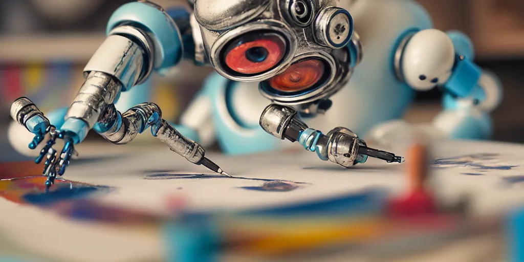 Image similar to closeup portrait of tin toy retro robot painter mixing gouache on white paper table in an artist workshop, depth of field, zeiss lens, detailed, centered, fashion photoshoot, by nicoletta ceccoli, mark ryden, lostfish, breathtaking, 8 k resolution, extremely detailed, beautiful, establishing shot, artistic, hyperrealistic, octane render