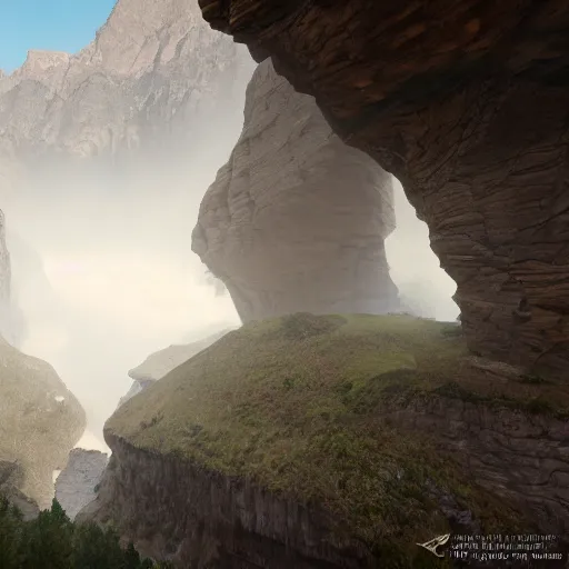 Image similar to pathway canyon in between mountains, mist, dark, unreal engine, high detail, realism, award winning, detailed lighting