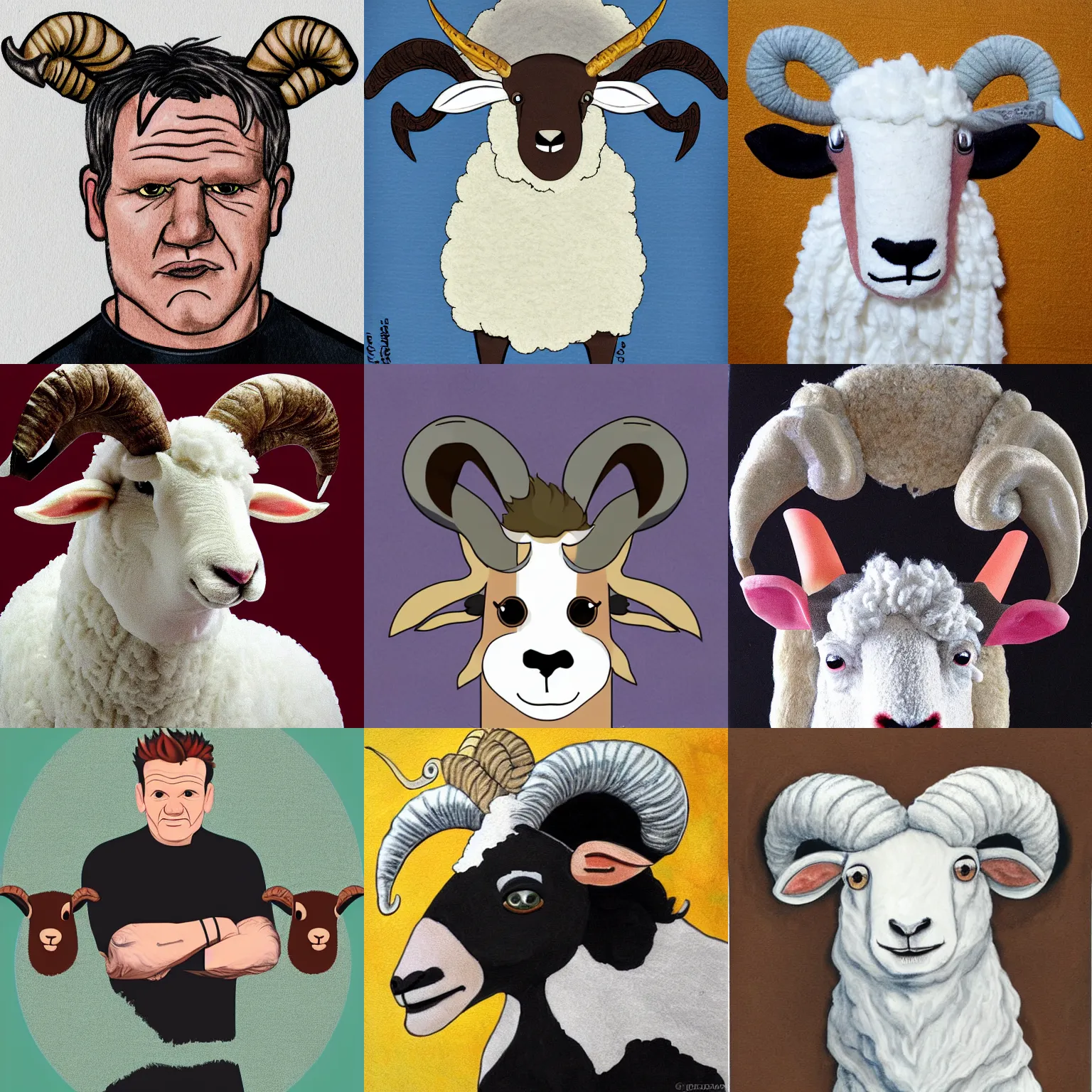 Prompt: portrait of! gordon ramsay! as a ram sheep with horns and wool