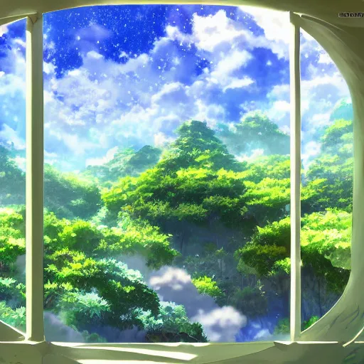 Prompt: a heavenly dream view from the interior of my symmetrical world of macroscopic plants from a Makoto Shinkai oil on canvas inspired pixiv dreamy scenery art majestic fantasy scenery cozy window frame fantasy pixiv scenery art inspired by magical fantasy exterior