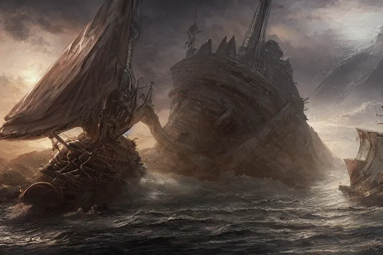 Image similar to A battered Trireme, Scylla and Charybdis and an ancient boat by Jessica Rossier and HR Giger cinematic concept painting