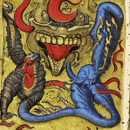 Image similar to medieval bestiary of repressed emotion monsters and creatures starting a fiery revolution in the psyche