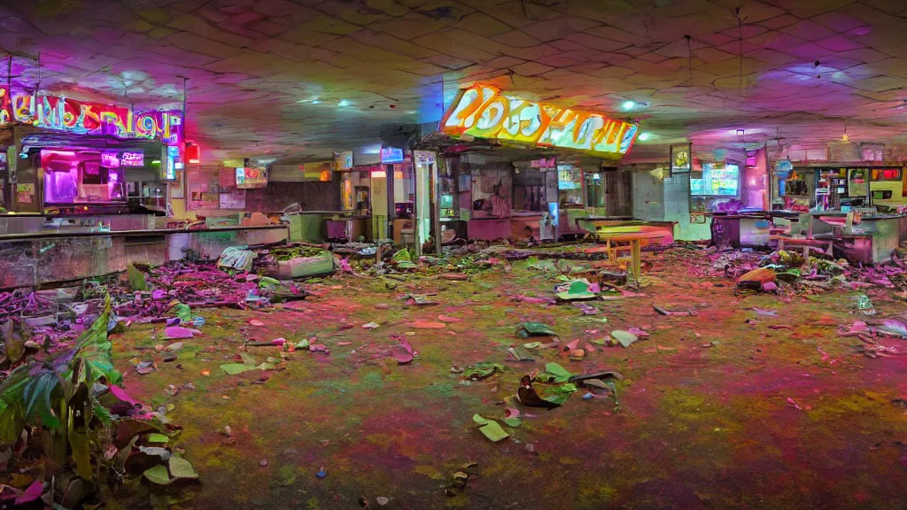 Image similar to psychedelic immaculate dogwood abandoned fastfood restaurant, postapocalypse, cinematic