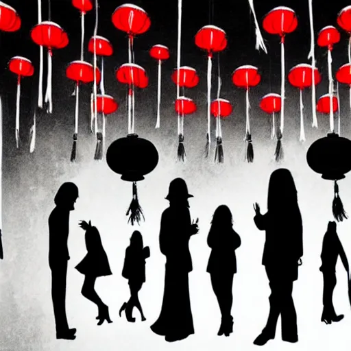 Image similar to a tiny dark black night club with a few red chinese lanterns, people's silhouettes close up, modern people dancing, surrealism