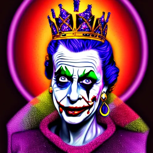 Image similar to An extremely psychedelic portrait of Queen Elizabeth as the Joker, surreal, LSD, face, detailed, intricate, elegant, lithe, highly detailed, digital painting, artstation, concept art, smooth, sharp focus, illustration