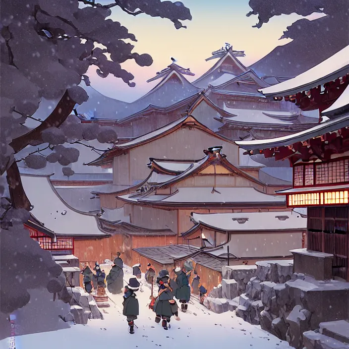 Image similar to japanese rural town, winter, in the style of studio ghibli, j. c. leyendecker, greg rutkowski, artem