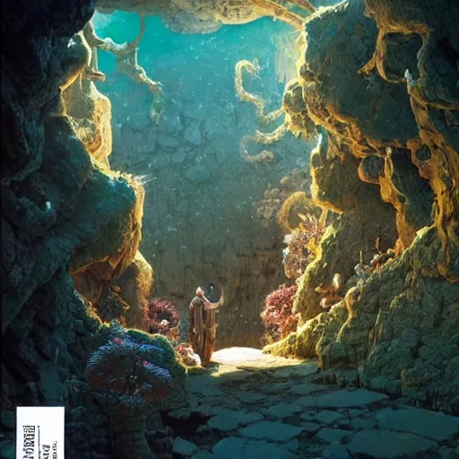 Prompt: quantum cavern walkway sacred fantasy nature photography airbush cinematic by arthur adams, moebius, wlop, james gurney, victo ngai, james christensen, greg rutkowski, john howe