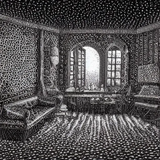 Image similar to interior of a vampire's house in the style of kinetic pointillism, intricate hyper detailed, hd