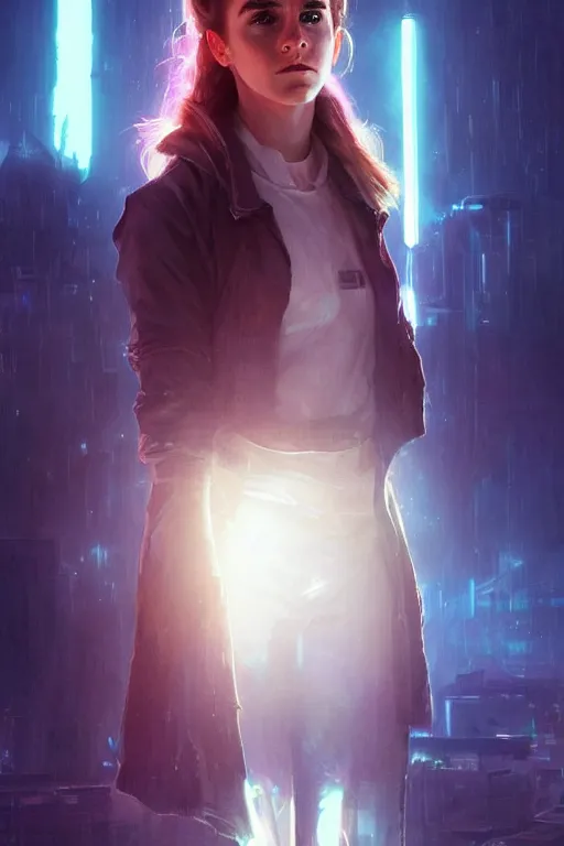 Image similar to portrait of cyborg Emma Watson as Hermione Granger in cyberpunk, neon lighting, night city, digital art from artstation by Ruan Jia and Mandy Jurgens and Artgerm and william-adolphe bouguereau and Greg Rutkowski and Wayne Barlowe