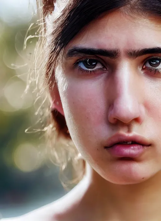 Image similar to A close-up photo of a Turkish 22 year old girl with hazel eyes and pink cheeks. Her hair is straight and tied into a ponytail. Shyly looking at the camera and slightly smiling. Detailed face features, hyper realism, studio, bokeh, shallow depth of filt, neutral background, telephoto lens, photography from Vogue magazine, by Lee Jeffries, Sigma 500mm f/5