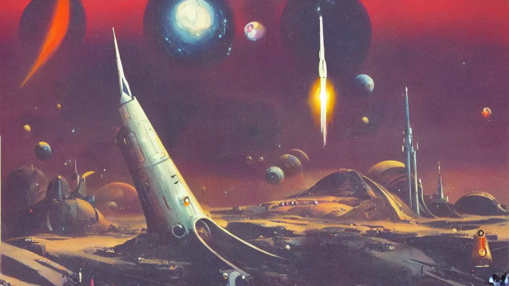 Image similar to rocket design by paul lehr and jack gaughan and john schoenherr, cinematic matte painting