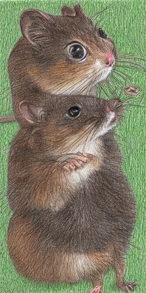 Prompt: She loved the squeak of the mice, who could now crawl out of their holes anywhere in the house to meet in the home kitchen for an evening feast, colored pencil drawing - W 1024