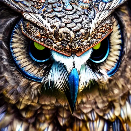 Prompt: warrior with metal owl armour, highly detailed, 4k, HDR, smooth, sharp focus, hyper realistic, high resolution, award-winning photo