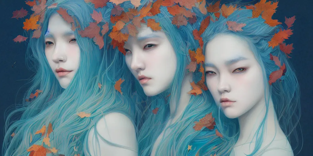 Image similar to breathtaking detailed concept art painting pattern of blue hair faces goddesses amalgamation autumn leaves with anxious piercing eyes, by hsiao - ron cheng and james jean, pastel colors, bizarre compositions, exquisite detail, 8 k