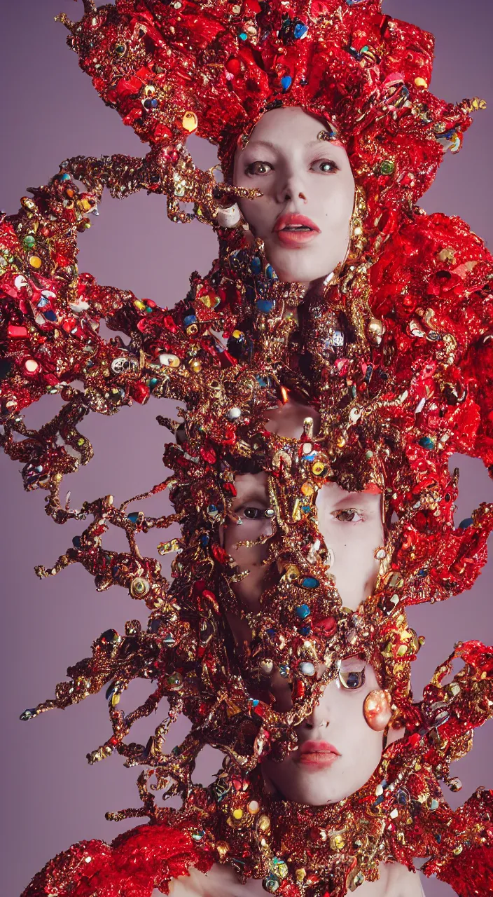 Image similar to a female full - body character design, concept art, wearing psychedelic high fashion, a red sequined bodysuit, beads hanging over her face like an alexander mcqueen headdress, costume by eiko ishioka, haute couture, and a red cape, by moebius, steven outram, colorful and psychedelic, hd, 8 k, artstation, high quality