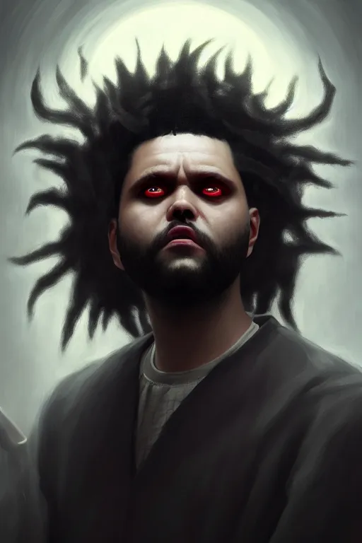 Image similar to a demonic horrific portrait of the weeknd, white eyes, bored, illustration, soft lighting, soft details, painting oil on canvas by edmund blair leighton and charlie bowater octane render, hdr, trending on artstation, 4 k, 8 k, hd