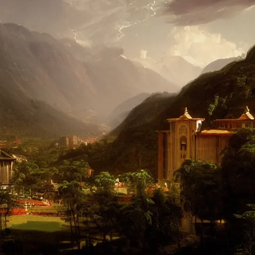 Image similar to bogota, colombia, painted by thomas cole, with dramatic lighting, concept art, matte painting, 8 k, highly detailed, artstation