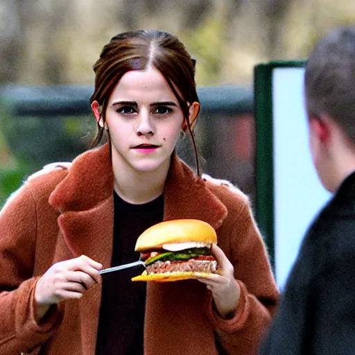 Image similar to Emma Watson eating a cheeseburger, photo realistic, award-winning, highly-detailed, epic, cinematic, dramatic