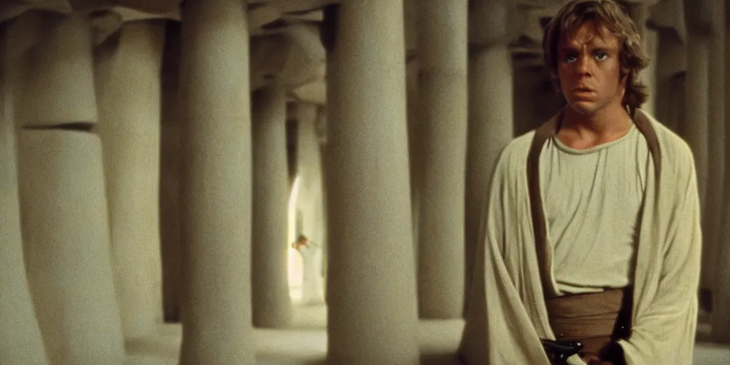 Image similar to screenshot of master Luke Skywalker alone in a a Jedi Temple, 1970s thriller by Stanely Kubrick film, color kodak, ektochrome, anamorphic lenses, detailed faces, moody cinematography