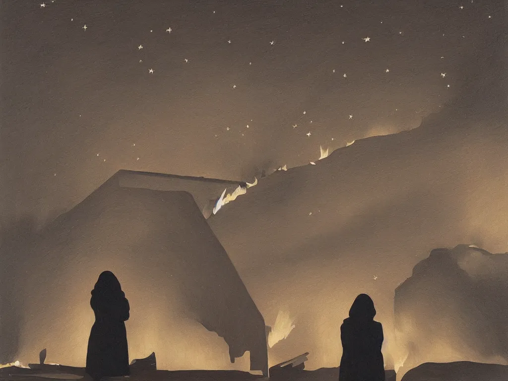 Image similar to Woman looking at her home burning. Charred wood beams, thick smoke. Melancholic landscape, stars. Painting by Kay Sage, Georges de la Tour
