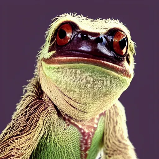 Prompt: a photo of an animal which looks half like a frog and half like a sloth