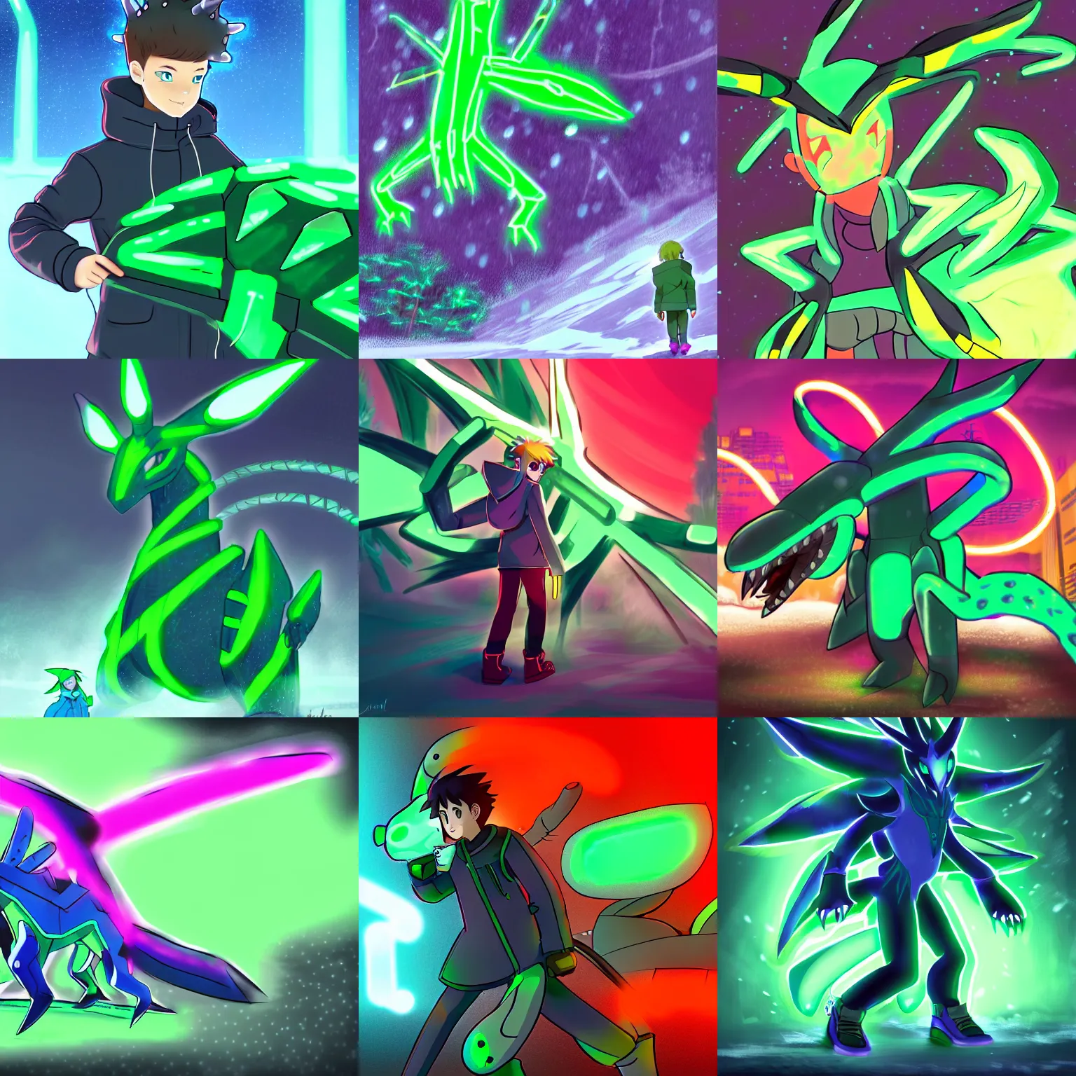 Prompt: a boy in winter clothing, facing a big neon green dialga, concept art, digital art, very detailed, anime, pokemon, 8 k hd