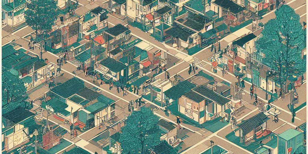 Prompt: isometric view illustration of a rural japanese street corner, by Victo Ngai