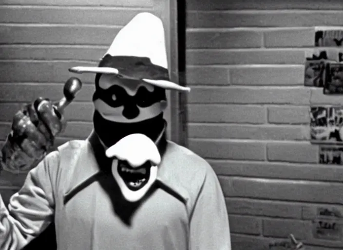 Image similar to film still of hamburglar in a 1 9 8 0 s slasher movie