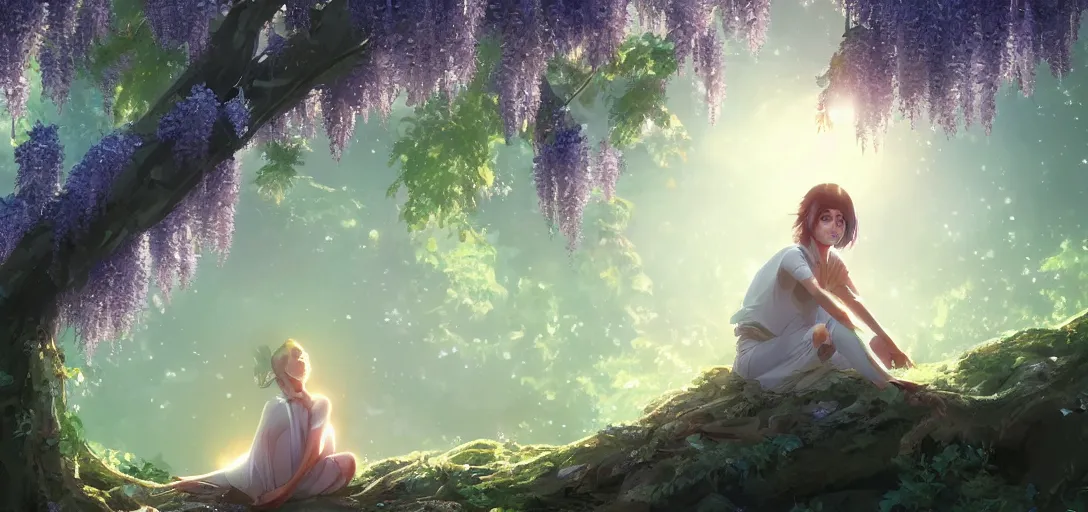 Prompt: Young Himalayan woman sitting in a large tree, glowing wisteria, night time scene, somber white eyes, long ashy hair, gentle lighting, futuristic, dim lighting, digital art by Makoto Shinkai ilya kuvshinov and Wojtek Fus, digital art, concept art,